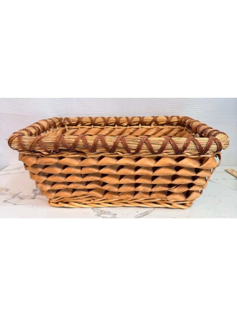 Vintage Hand woven Splint Basket with Intricate Curly Weave.